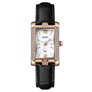 Montre Rectangulaire Pour Femme Avec Lunette Orn&eacute;e De Cristaux, Forme Classique De Char, Cadran Clair, Allure &Eacute;l&eacute;gante (Noir - Cuir) - Neuf