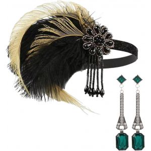 Kal-1 Paire De Bijoux De Cheveux Avec Plumes, 1 Paire De Boucles D'oreilles À Pompons, Serre-Tête Vintage, Bandeau Vintage, Accessoires Pour Femme Style Années 1920, Coiffure De Mariage - Neuf