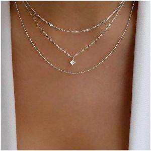 Kal-Collier Boho En Cristal De Cz Collier Pendentif Solitaire Carr&eacute; En Argent Collier Ras Du Cou En Strass Collier En Cha&icirc;ne &Agrave; Boules Multi-Couches Bijoux Pour Femmes Et Filles - Neuf
