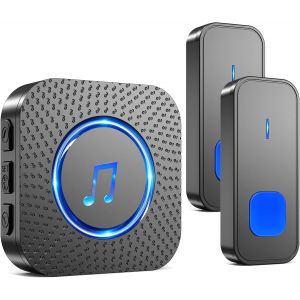 TRAHOO-Sonnette sans Fil, 400M Longue Portée Exterieur Étanche Electronique, Kit de Carillon Deux Bouton Emetteurs avec Récepteurs Enfichables pour la Maison, LED Bleu, 55 Mélodies, 5 Volumes, Noir - Neuf