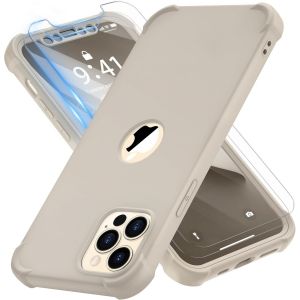 Brs-Coque Pour Iphone 12 Pro Max + 2 Pièces Verre Trempé Protection Écran, 2 En 1 Antichoc Souple Silicone Tpu Arrière Rigide Pc Avant Housse De Protection Pour Iphone 12 Pro Max 6,7"" Pierre - Neuf
