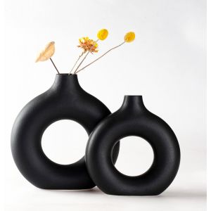 Lot de 2 vases en céramique en Donut Noir pour décoration d'intérieur Moderne,vases Ronds Mat pour Herbe de la Pampa,Style Minimaliste Nordique Neutre (Super Grand+Grand).[T61] - Neuf