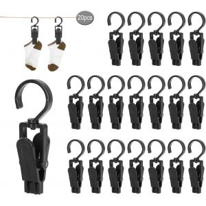Lot de 20 grandes pinces à linge, coupe-vent, en plastique, pivotantes à 360 degrés, pour serviettes, draps, tapis, rideaux, chapeaux (noir) - Neuf