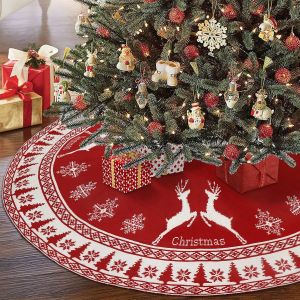 Jupe D'arbre De Noël, 48 Pouces De Large Rustique Jupe D'arbre De Noël Avec Flocon De Neige Et Renne, Rouge Tricot Jupe D'arbre De Noël, Décorations De Noël, Pour Intérieur Extérieur - Neuf