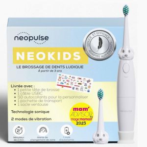 Neokidsbrosse &Agrave; Dents &Eacute;lectrique Enfant Sonique Rechargeable + 1 Brossette/T&ecirc;te De Brosse Blanche Ultra-Souple D&egrave;s 3 Ans 2 Modes Minuteur Personnalisable Avec 50 Autocollants - Neuf