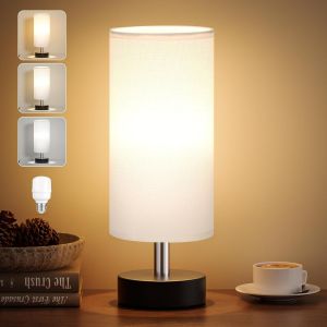 Lampe De Chevet, 3 Couleur Modes(3000/4000/5000k), Petite Lampe À Cordon, Lampe De Table Moderne Avec Abat-Jour En Lin Blanc Et Base Noire Pour Chambre Salon D'enfant Bureau - Neuf