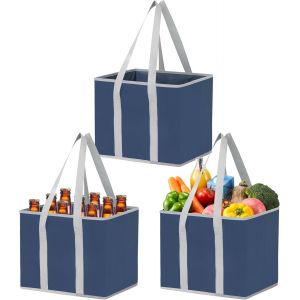 TIANYI-Lot de 3 Sacs de Courses et Cabas R&eacute;utilisables avec Poign&eacute;e, Sac Shopping R&eacute;sistant, Base Renforc&eacute;e, Sac Caddie Pliable, Tote Bag, Debout (Bleu fonc&eacute;, Lot de 3) - Neuf