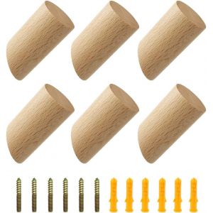 Crochet Mural en Bois 6 Pi&egrave;ces Naturel &agrave; Fixation Murale Crochets en Bois 3x6cm Cylindre Crochet de Manteau pour Les Accessoires pour La Maison, Foulards, V&ecirc;tements, Chapeaux - Neuf