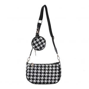 Sac Bandouliere Femme Imprime Pied-De-Poule, Petite Pochette Avec Mini Portefeuille Et Porte-Monnaie. - Neuf
