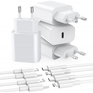 JGD-20W Chargeur USB C, Prise PD3.0 Compatible avec i-Phone 17/16/15/14/13 Plus Pro Max Mini, i-Pad, Air-Pods, Samsung Galaxy S25/24/23, Adaptateur USB C Rapide(4 Pack+Cable) - Neuf