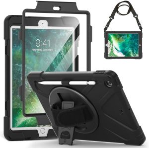 Coque pour iPad 6&egrave; G&eacute;n 2018 / iPad 5&egrave; G&eacute;n 2017 9.7""+Protection d'&eacute;cran, &Eacute;tui Robuste Antichoc, Support Rotatif, Bandouli&egrave;re et Bandouli&egrave;re &agrave; Main, Protection Housse pour iPad 6&egrave;/5&egrave; 9.7"", Noir - Neuf