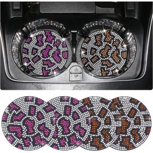 Lot De 4 Dessous De Verre Antidérapants Universels Pour Porte-Gobelet De Voiture, Avec Strass En Cristal, Accessoires D'intérieur Tendance Pour Voiture, Imprimé Léopard - Neuf