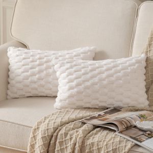 Cauc-Lot De 2 Super Doux Peluche Moelleux D&eacute;coratif Housses De Coussin Fausse Fourrure Laine Velours Taie D'oreiller Canap&eacute; Chambre &Agrave; Coucher Le Salon Blanc 30 X 50 Cm - Neuf