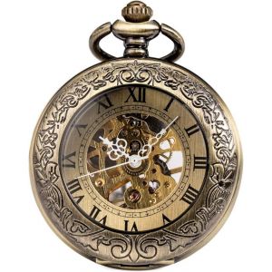 Montre De Poche Pour Homme, Mécanique, Remontage Manuel, Chiffres Romains, Avec Loupe, Chaîne Et Coffret Cadeau (Bronze/Noir) - Neuf