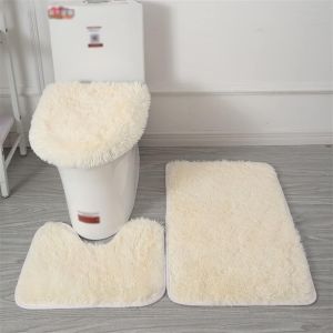 KAL-Lot De Tapis De Bain Antidérapant, 3 Pièces, Tapis Contour Toilette À Poils Longs, Shaggy Couvercle Pour Abattant Wc Beige - Neuf