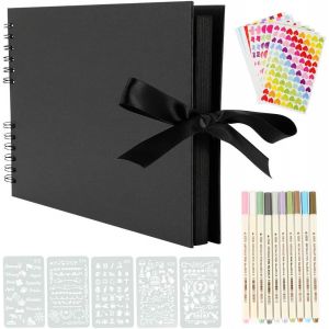 Tianyi-Album Photos, 28x21cm Traditionnel Scrapbook 80 Pages Noires Mariage Livre D'or, Diy Scrapbooking Set Avec 10pcs Marqueurs Stylos 5pcs Pochoirs 6pcs Autocollants Et 2pcs Coins Photo - Neuf
