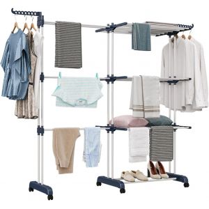 MEVRONISSHOP-tendoir &agrave; Linge Tour Pliable avec 6 Ailes Pliables sur 3 Niveaux, Longueur 66-130 cm, Pieds pliants pour &eacute;conomiser de l'espace &agrave; l'int&eacute;rieur et &agrave; l'ext&eacute;rieur de la Maison (Bleu et Blanc - Neuf