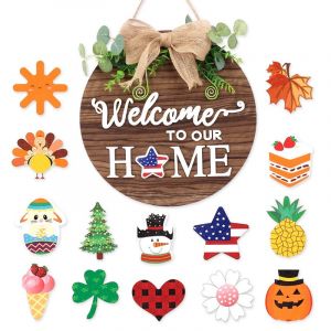 Interchangeables Saisonnière Signe De Bienvenue, Devant La Porte Un Décor Rustique En Bois Rond Des Couronnes Sur Le Mur, En Plein Air Ferme Porche Décor Pour Le Printemps, Été, Automne - Neuf