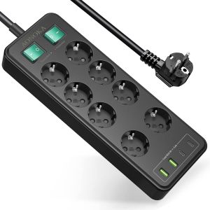 Multiprise avec Interrupteur, 10 Prises Fran&ccedil;aises avec Terre 16A 2P+T,Bloc Prise Multiple Charge Rapide PD20W, 2100J Parafoudre et Surtension,Cuisine et Bureau Rallonge Electrique 2 M C&acirc;ble, Noir - Neuf