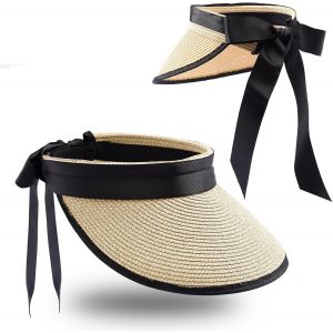 Asas-Visière Soleil Femme À Bord Large Réglable Casquette Protection Uv Pliable En Paille Avec Bandeau Pour Queue De Cheval - Neuf