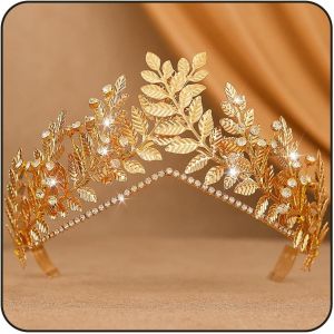 Kalvd-Couronne Dor&eacute;e-Diad&egrave;me De D&eacute;esse Grecque-Feuilles En Strass-Accessoire De Coiffure Pour Femme - Neuf