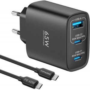 JGD-Chargeur USB C 65W Rapide, 3 Ports Prise USB C GaN Tech PD3.0 PPS avec 60W C&acirc;ble pour iPhone 17 16 15 14 13 Pro Max, Galaxy S25 S24 S23 Note Pixel 9 8 7 iPad Air, Mac Book Air Pro M5 M4, Noir - Neuf