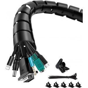 MEVRONISSHOP-Cache Cable, Range C&acirc;ble 2x1.5M, Manchon de Rangement Organisateur de C&acirc;ble avec 20 Colliers de C&acirc;ble, 5 Clips de C&acirc;ble Adh&eacute;sifs, 1 Clip de Guidage de c&acirc;ble 16 mm + 22 mm, Noir - Neuf
