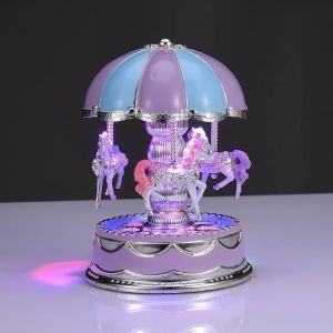 Boîte à musique carrousel Boîte à musique rotative lumineuse à 3 chevaux Enfants Cadeau d'anniversaire Décoration de la maison (B) - Neuf