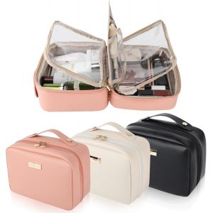 nzqaf-Trousse Maquillage, Trousse de Toilette Femme Voyage en Cuir PU, Grande Vanity Voyage, Multifonction Transparente Imperméable Pochette Maquillage (Rose) - Neuf