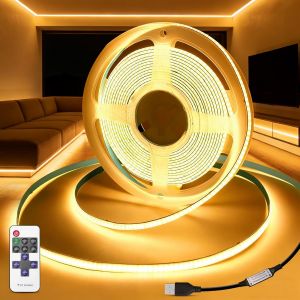 Kalanka-Ruban Led Usb Cob 2m, 5v Dimmable Led Bande Avec T&eacute;l&eacute;commande, Blanc Chaud 3000k Bandeau Largeur 8mm 320led/M Flexible Luminescence Bande Pour Chambre, Tv R&eacute;tro&eacute;clairage, Armoire D&eacute;coration - Neuf