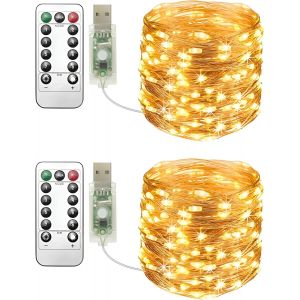 KAL-Lot De 2 Guirlandes Lumineuses Usb De 10 M, 10 M, Chaud, 100 Led Usb, Fil De Cuivre Avec Télécommande, 8 Modes, Minuterie Et Intensité Variable Pour Décoration De Noël, Chambre À Coucher, - Neuf