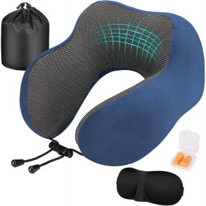 nzqaf-Coussin de Voyage, Oreiller de Voyage à Memoire de Forme, Coussin Voyage Ergonomique pour Avion et Train, Masque pour Dormir, Bouchons d' Oreilles, Sac Transport Inclus - Neuf