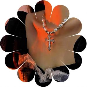Kal-Punk Cristal Croix Perle Collier Ras Du Cou Gothique Pave Strass Croix Crucifix Collier Croix Collier Argent Perle Acier Inoxydable Boule Breloque Ras Du Cou Pour Femmes Et Filles - Neuf