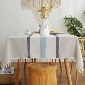 Nappe Carr&eacute;e Anti-Taches En Lin Et Coton Avec Broderie &Agrave; Pompons, Id&eacute;ale Pour Table Basse, Pique-Nique, D&eacute;coration De La Maison, De La Cuisine Ou Du Bureau. - Neuf