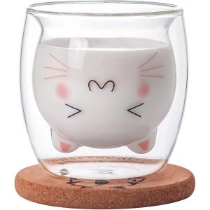 Tasse À Café Mignonne Chat Tasse À Thé Lait Double Paroi Tasse À Expresso En Verre Isolé Transparent Avec Sous-Verres - Neuf