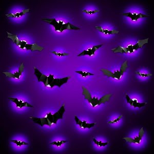 CAUC-Halloween D&eacute;coration 24 Pi&egrave;ces 3D Chauve Souris LED Effrayants - Violet Light, Grande Horreur Chauve-Souris Stickers Muraux pour Fen&ecirc;tre, Mur, Porte, F&ecirc;te D&eacute;co Accessoires de Soir&eacute;e - Neuf