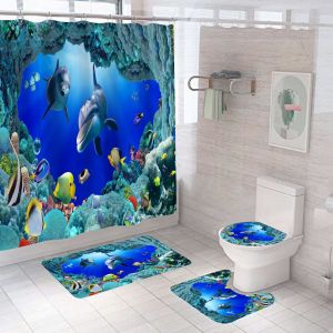 Rideaux de douche dauphins 4 pièces avec tapis antidérapant (mer), abattant de toilettes et tapis de bain, rideau de douche imperméable vintage avec 12 crochets - Neuf