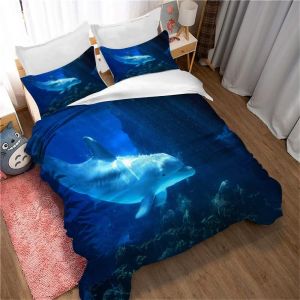 Parure De Lit 3 Pieces 100 % Bambou Naturel Avec Housse De Couette Et Taies D'oreiller Motif Dauphin Sautant, Avec Fermeture &Eacute;clair - Literie Douce Et Fra&icirc;che, Ideale Pour Les Soin - Neuf