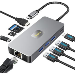 Hub USB C 3.0, station d'accueil 9 en 1 USB C avec 3 ports USB 3.0, USB-C2.0, HDTV 4K @ 60 Hz, charge rapide PD 100 W, Gigabit Ethernet, lecteur de carte SD/TF, station d'accueil de type C - Neuf