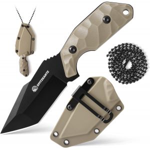 Neck Knife X-Tan-K,Petit Couteau Full Tang Avec Lame Tanto De 7,8 Cm En Acier 5cr14mov,Edc Couteau Outdoor Fixe,Avec Fourreau Abs,Cha&icirc;ne &Agrave; Billes,Lame Noir-Khaki Griff - Neuf