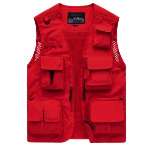 Gilet Cargo Rouge Pour Homme, Idéal Pour Les Loisirs, Le Travail, Le Safari, La Pêche, Les Voyages, En Maille Photo, Multi-Poches - Neuf