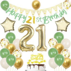 Ballon 21 Ans Anniversaire Vert Or, D&eacute;coration 21 Ans Anniversaire Homme Femme, 21 Ans D&eacute;coration Anniversaire G&acirc;teau Or, Ballons Anniversaire 21 Ans Femme Homme, Or Vert 21 Ans D&eacute;coration F&ecirc;te - Neuf