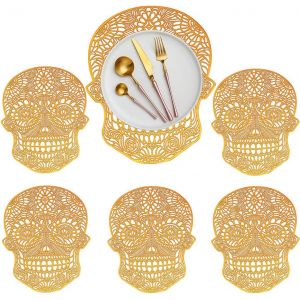 Eryi-Lot De 6 Sets De Table Ajourés En Forme De Tête De Mort En Vinyle Pressé Métallisé, Résistants À La Chaleur Pour Décoration De Table De Fête, Halloween, Dîner, Style A Orange - Neuf