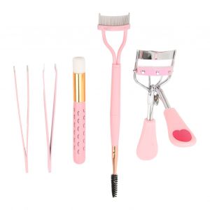 Ensemble De 5 Outils De Maquillage Pour Cils Et Sourcils, Recourbe-Cils Professionnel, Peigne A Cils A Double Extremite, Brosse Et Pince A Epiler, Rose - Neuf