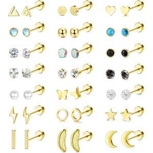 Kal-1 Paires Hypoallerg&eacute;nique Boucles D'oreilles Acier Inoxydable En Argent Or Boucles D'oreilles Femme Cartilage Etoile Lune Perle Zircon Clou D'oreille Plat Ensemble Piercing Oreille Bijoux - Neuf