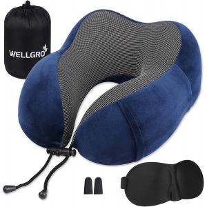 Coussin De Nuque Avec Masque De Sommeil 3d Et Bouchons D'oreille-Housse Amovible-Mousse À Mémoire De Forme-Fermeture Éclair-Sac De Rangement Inclus-Coussin De Voyage-Bleu - Neuf