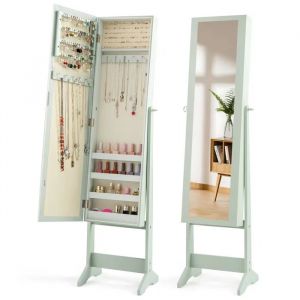 Armoire à Bijoux sur Pied COSTWAY, Miroir Plein Long, 3 Angles Réglables, Crochets pour Colliers, Emplacements, Étagères, Vert - Neuf