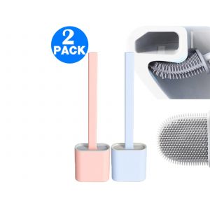 Ensemble de 2 brosses de toilette en silicone avec supports, rose et bleu - Neuf