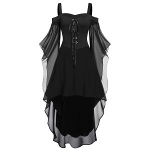 Médiévale Robe Bustier, Robe Gothique Avec La Trompette Manches, Maille, Robe Maxi, Noir 3xl - Neuf