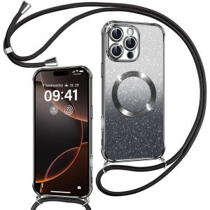 TRAHOO-Couqe Magn&eacute;tique pour iPhone 16 Pro Con Cordon, Compatible avec MagSafe, Brillant Glitter Paillet&eacute; Antichoc Durable R&eacute;sistante Etui Housse pour iPhone 16 Pro Bumper, Noir - Neuf